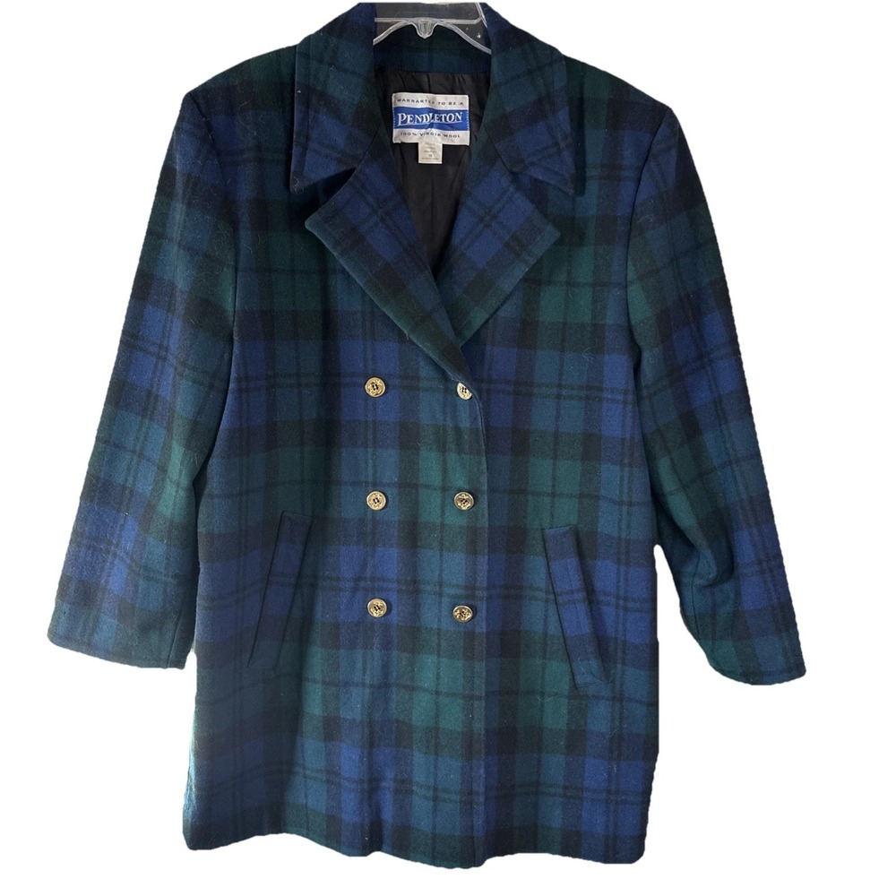 Rare VTG  PENDLETON Button Front Pea Coat Preppy‎ Navy Green Tartan Plaid Sz 16